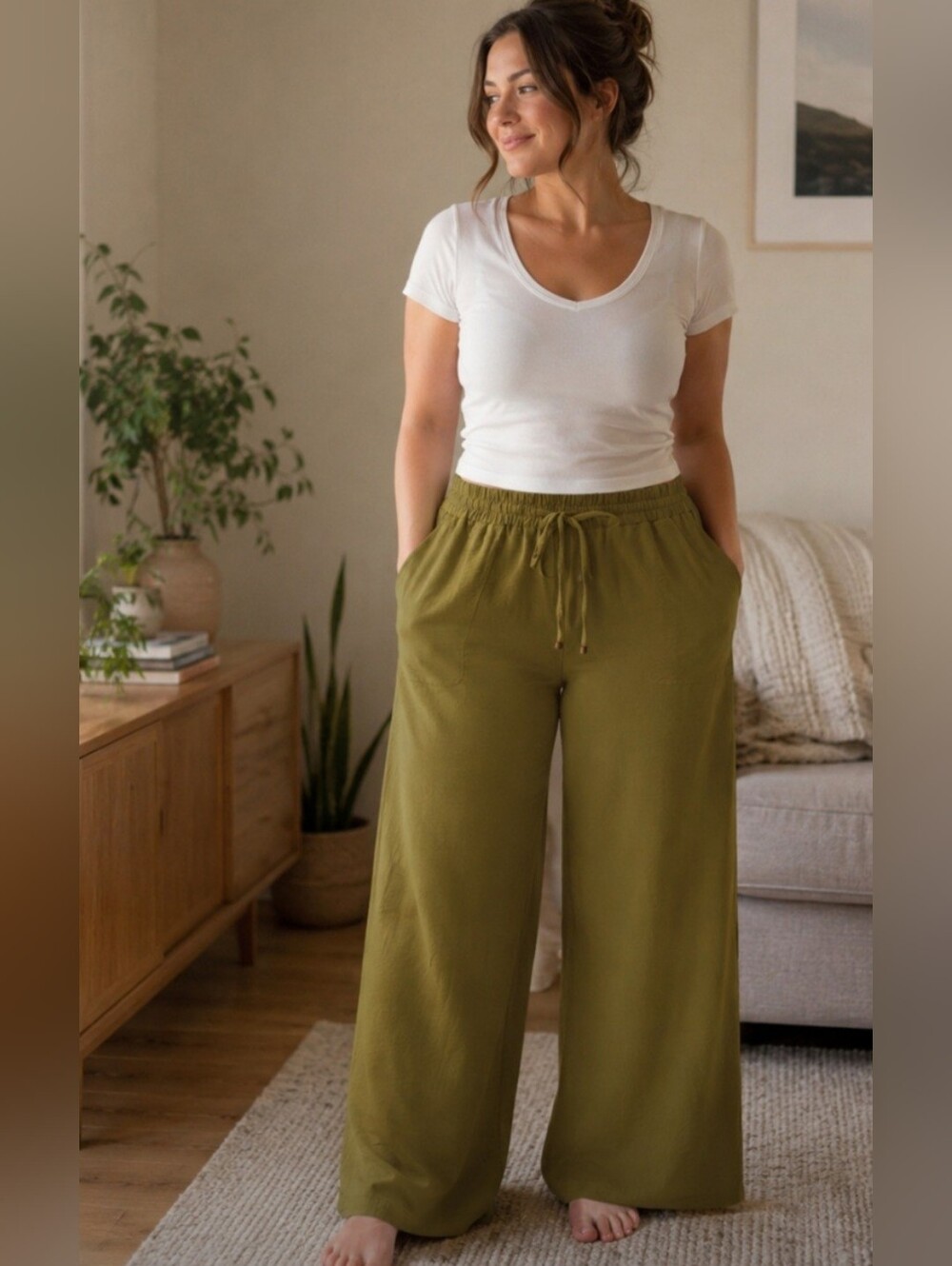 NYCC New York Clothing Co Olive Green Wide Leg Drawstring Pants NWT Large - Picture 1 of 6